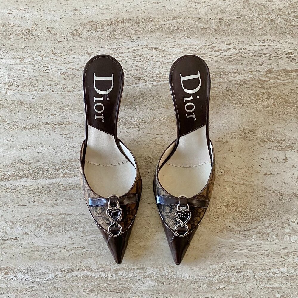 Vintage Dior Heart Chain Trotter Canvas Mule Heels